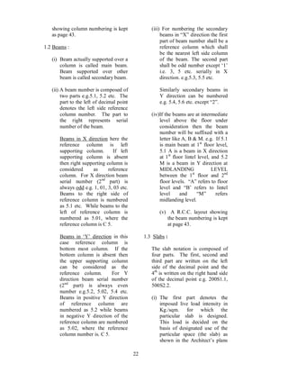 22
showing column numbering is kept
as page 43.
1.2 Beams :
(i) Beam actually supported over a
column is called main beam.
Beam supported over other
beam is called secondary beam.
(ii) A beam number is composed of
two parts e.g.5.1, 5.2 etc. The
part to the left of decimal point
denotes the left side reference
column number. The part to
the right represents serial
number of the beam.
Beams in X direction here the
reference column is left
supporting column. If left
supporting column is absent
then right supporting column is
considered as reference
column. For X direction beam
serial number (2nd
part) is
always odd e.g. 1, 01, 3, 03 etc.
Beams to the right side of
reference column is numbered
as 5.1 etc. While beams to the
left of reference column is
numbered as 5.01, where the
reference column is C 5.
Beams in Y direction in this
case reference column is
bottom most column. If the
bottom column is absent then
the upper supporting column
can be considered as the
reference column. For Y
direction beam serial number
(2nd
part) is always even
number e.g.5.2, 5.02, 5.4 etc.
Beams in positive Y direction
of reference column are
numbered as 5.2 while beams
in negative Y direction of the
reference column are numbered
as 5.02, where the reference
column number is. C 5.
(iii) For numbering the secondary
beams in X direction the first
part of beam number shall be a
reference column which shall
be the nearest left side column
of the beam. The second part
shall be odd number except 1
i.e. 3, 5 etc. serially in X
direction. e.g.5.3, 5.5 etc.
Similarly secondary beams in
Y direction can be numbered
e.g. 5.4, 5.6 etc. except 2 .
(iv)If the beams are at intermediate
level above the floor under
consideration then the beam
number will be suffixed with a
letter like A, B & M. e.g. If 5.1
is main beam at 1st
floor level,
5.1 A is a beam in X direction
at 1st
floor lintel level, and 5.2
M is a beam in Y direction at
MIDLANDING LEVEL
between the 1st
floor and 2nd
floor levels. A refers to floor
level and B refers to lintel
level and M refers
midlanding level.
(v) A R.C.C. layout showing
the beam numbering is kept
at page 43.
1.3 Slabs :
The slab notation is composed of
four parts. The first, second and
third part are written on the left
side of the decimal point and the
4th
is written on the right hand side
of the decimal point e.g. 200S1.1,
500S2.2.
(i) The first part denotes the
imposed live load intensity in
Kg./sqm. for which the
particular slab is designed.
This load is decided on the
basis of designated use of the
particular space (the slab) as
shown in the Architect s plans
 
