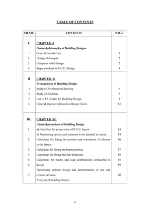 6
TABLE OF CONTENTS
SR.NO. CONTENTS PAGE
I. CHAPTER I
General philosophy of Building Designs
1
2.
3.
4.
General Introduction.
Design philosophy.
Computer aided design.
Steps involved in R.C.C. Design.
1
2
2
3
II
1
2
3
4.
CHAPTER II
Prerequisites of Building Design
Study of Architectural drawing.
Study of field data.
List of I.S. Codes for Building Design.
General practice followed in Design Circle.
6
7
8
12
III.
1.
2.
3.
4.
5.
6.
7.
CHAPTER III
General procedure of Building Design
a) Guideline for preparation of R.C.C. layout .
b) Numbering system and notations to be adopted in layout.
Guidelines for fixing the position and orientation of columns
in the layout.
Guidelines for fixing the beam position.
Guidelines for fixing the slab directions.
Guidelines for beams and load combinations considered in
design
Preliminary column design and determination of size and
column sections.
Analysis of building frames.
14
14
16
17
18
18
19
20
 