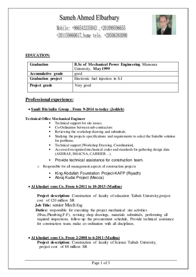 CV MECHANICAL ENGINEER SAMEH AHMED 16 YEARS Experience