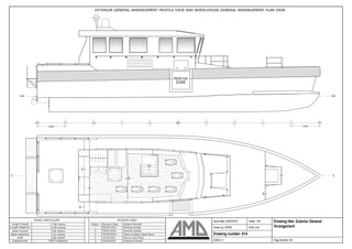 EXTERIOR GENERAL ARRANGEMENT PROFILE VIEW AND WHEELHOUSE GENERAL ARRANGEMENT PLAN VIEW
RESCUE
ZONE
CL CL
VESSEL PARTICULARS
Length Overall 17.60 metres
Length Waterline 16.90 metres
Beam Overall 5.66 metres
Beam Waterline 4.24 metres
Draft 0.96 metres
Displacement 25870 kilograms
REVISION TABLE
Editon Revision Date Subject Revised
1 05/01/2016 Drawing Outlay
2 20/01/2016 General Update
3 02/02/2016 Stairs to Below Deck Move
4 21/02/2016 Rescue Zone Move
5 02/04/2016 Drawing Finalised
Drawing title: Exterior General
Arrangement
Drawing number: 014
Edition: 5
Issue date: 02/04/2016
Drawn by: ADPM
Scale: 1:50
Units: mm
Page Number: 85
 