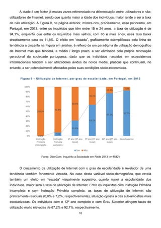 10
0.0%
7.2%
31.6%
63.5%
87.2%
92.7%
100.0%
92.8%
68.4%
36.5%
12.8%
7.3%
0%
10%
20%
30%
40%
50%
60%
70%
80%
90%
100%
Instrução
Primária
incompleta
Instrução
Primária
completa
6º ano (2º ano
liceal)
9º ano (5º ano
liceal)
12º ano (7º ano
liceal)
Grau Superior
Sim Não
A idade é um factor já muitas vezes referenciado na diferenciação entre utilizadores e não-
utilizadores de Internet, sendo que quanto maior a idade dos indivíduos, maior tende a ser a taxa
de não utilização. A Figura 8, na página anterior, mostra-nos, precisamente, esse panorama, em
Portugal, em 2013: entre os inquiridos que têm entre 15 e 24 anos, a taxa de utilização é de
94,1%, enquanto que entre os inquiridos mais velhos, com 65 e mais anos, essa taxa baixa
drasticamente para os 11,8%. O efeito em “escada”, graficamente exemplificado pela linha de
tendência a cinzento na Figura em análise, é reflexo de um paradigma de utilização demográfico
da Internet mas que tenderá, a médio / longo prazo, a ser eliminado pela própria renovação
geracional da sociedade portuguesa, dado que os indivíduos nascidos em ecossistemas
informacionais tendem a ser utilizadores ávidos de novos media, práticas que continuam, no
entanto, a ser potencialmente afectadas pelas suas condições sócio-económicas.
Figura 9 – Utilização de Internet, por grau de escolaridade, em Portugal, em 2013
Fonte: OberCom. Inquérito a Sociedade em Rede 2013 (n=1542)
O cruzamento da utilização de Internet com o grau de escolaridade é revelador de uma
tendência também fortemente vincada. No caso desta variável sócio-demográfica, que revela
também um efeito em “escada” visualmente sugestivo, quanto maior a escolaridade dos
indivíduos, maior será a taxa de utilização de Internet. Entre os inquiridos com Instrução Primária
incompleta e com Instrução Primária completa, as taxas de utilização de Internet são
praticamente residuais (0,0% e 7,2%, respectivamente), situação oposta à das sub-amostras mais
escolarizadas. Os indivíduos com o 12º ano completo e com Grau Superior atingem taxas de
utilização muito elevadas de 87,2% e 92,7%, respectivamente.
 