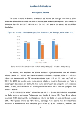 5
51.2%
57.0% 57.2%
48.8%
43.0% 42.5%
0.0%
10.0%
20.0%
30.0%
40.0%
50.0%
60.0%
70.0%
2010 2011 2013
Sim Não Ns/Nr
Análise de Indicadores
Utilização de Internet
Tal como no resto da Europa, a utilização de Internet em Portugal tem vindo a sofrer
aumentos consistentes ao longo dos anos. Como se pode observar pela Figura 1, essa tendência
verifica-se também em 2013, face ao ano de 2012, em termos de acesso nos agregados
domésticos
Figura 1 – Acesso à Internet nos agregados domésticos, em Portugal, entre 2011 e 2013
Fonte: OberCom. Inquérito Sociedade em Rede 2010 (n=1250), 2011 (n=1250) e 2013 (n=1542)
No entanto, essa tendência de subida abrandou significativamente face ao aumento
verificado entre 2011 e 2012, no número de acessos nos lares portugueses. Entre 2011 e 2012 o
número de acessos subiu em 5,8 pontos percentuais, dos 51,2% em 2011 para os 57,0% em
2012. Em 2013, de acordo com a mais recente edição do inquérito Sociedade em Rede, a
percentagem de acessos era de 57,2%, face a uma percentagem de agregados sem acesso de
42,5%, ou seja, um aumento de 0,2 pontos percentuais face a 2012, entre os agregados com
ligação à Internet.
Em termos de tipo de ligação, verificamos que em 2013 há uma predominância de ligações
por Cabo entre os agregados Portugueses com ligação à Internet (Cf. Figura 2, na página
seguinte). 28,5% dos inquiridos têm ligação de Internet por Cabo em casa, sendo que apenas
9,9% estão ligados através de Fibra Óptica, tecnologia mais recente mas tendencialmente
associada a mensalidades mais elevadas que o Cabo ou ADSL. Verifica-se, também, uma
 