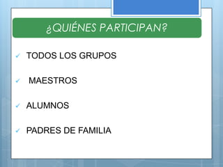 ¿QUIÉNES PARTICIPAN?

   TODOS LOS GRUPOS

   MAESTROS

   ALUMNOS

   PADRES DE FAMILIA
 