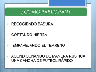 ¿COMO PARTICIPAN?

   RECOGIENDO BASURA

   CORTANDO HIERBA

   EMPAREJANDO EL TERRENO

   ACONDICONANDO DE MANERA RÚSTICA
    UNA CANCHA DE FUTBOL RÁPIDO
 