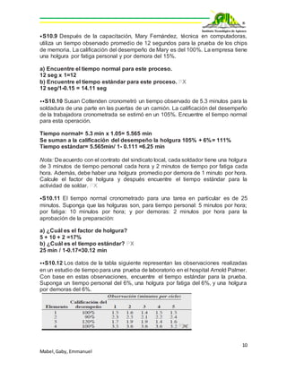 10
Mabel,Gaby, Emmanuel
⦁S10.9 Después de la capacitación, Mary Fernández, técnica en computadoras,
utiliza un tiempo observado promedio de 12 segundos para la prueba de los chips
de memoria. La calificación del desempeño de Mary es del 100%. La empresa tiene
una holgura por fatiga personal y por demora del 15%.
a) Encuentre el tiempo normal para este proceso.
12 seg x 1=12
b) Encuentre el tiempo estándar para este proceso. PX
12 seg/1-0.15 = 14.11 seg
⦁⦁S10.10 Susan Cottenden cronometró un tiempo observado de 5.3 minutos para la
soldadura de una parte en las puertas de un camión. La calificación del desempeño
de la trabajadora cronometrada se estimó en un 105%. Encuentre el tiempo normal
para esta operación.
Tiempo normal= 5.3 min x 1.05= 5.565 min
Se suman a la calificación del desempeño la holgura 105% + 6%= 111%
Tiempo estándar= 5.565min/ 1- 0.111 =6.25 min
Nota: Deacuerdo con el contrato del sindicato local, cada soldador tiene una holgura
de 3 minutos de tiempo personal cada hora y 2 minutos de tiempo por fatiga cada
hora. Además, debe haber una holgura promedio por demora de 1 minuto por hora.
Calcule el factor de holgura y después encuentre el tiempo estándar para la
actividad de soldar. PX
⦁S10.11 El tiempo normal cronometrado para una tarea en particular es de 25
minutos. Suponga que las holguras son, para tiempo personal: 5 minutos por hora;
por fatiga: 10 minutos por hora; y por demoras: 2 minutos por hora para la
aprobación de la preparación:
a) ¿Cuál es el factor de holgura?
5 + 10 + 2 =17%
b) ¿Cuál es el tiempo estándar? PX
25 min / 1-0.17=30.12 min
⦁⦁S10.12 Los datos de la tabla siguiente representan las observaciones realizadas
en un estudio de tiempo para una prueba de laboratorio en el hospital Arnold Palmer.
Con base en estas observaciones, encuentre el tiempo estándar para la prueba.
Suponga un tiempo personal del 6%, una holgura por fatiga del 6%, y una holgura
por demoras del 6%.
 