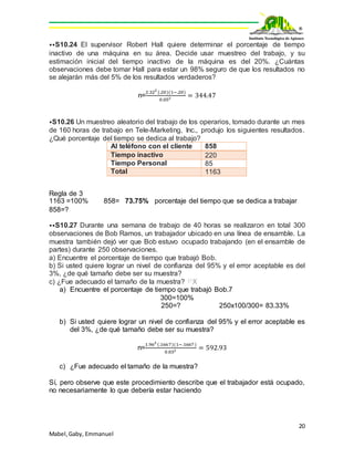 20
Mabel,Gaby, Emmanuel
⦁⦁S10.24 El supervisor Robert Hall quiere determinar el porcentaje de tiempo
inactivo de una máquina en su área. Decide usar muestreo del trabajo, y su
estimación inicial del tiempo inactivo de la máquina es del 20%. ¿Cuántas
observaciones debe tomar Hall para estar un 98% seguro de que los resultados no
se alejarán más del 5% de los resultados verdaderos?
n=
2.322
(.20)(1−.20)
0.052 = 344.47
⦁S10.26 Un muestreo aleatorio del trabajo de los operarios, tomado durante un mes
de 160 horas de trabajo en Tele-Marketing, Inc., produjo los siguientes resultados.
¿Qué porcentaje del tiempo se dedica al trabajo?
Al teléfono con el cliente 858
Tiempo inactivo 220
Tiempo Personal 85
Total 1163
Regla de 3
1163 =100% 858= 73.75% porcentaje del tiempo que se dedica a trabajar
858=?
⦁⦁S10.27 Durante una semana de trabajo de 40 horas se realizaron en total 300
observaciones de Bob Ramos, un trabajador ubicado en una línea de ensamble. La
muestra también dejó ver que Bob estuvo ocupado trabajando (en el ensamble de
partes) durante 250 observaciones.
a) Encuentre el porcentaje de tiempo que trabajó Bob.
b) Si usted quiere lograr un nivel de confianza del 95% y el error aceptable es del
3%, ¿de qué tamaño debe ser su muestra?
c) ¿Fue adecuado el tamaño de la muestra? PX
a) Encuentre el porcentaje de tiempo que trabajó Bob.7
300=100%
250=? 250x100/300= 83.33%
b) Si usted quiere lograr un nivel de confianza del 95% y el error aceptable es
del 3%, ¿de qué tamaño debe ser su muestra?
n=
1.962
(.1667)(1−.1667 )
0.032 = 592.93
c) ¿Fue adecuado el tamaño de la muestra?
Sí, pero observe que este procedimiento describe que el trabajador está ocupado,
no necesariamente lo que debería estar haciendo
 