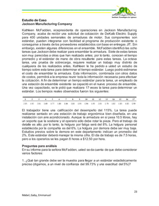 23
Mabel,Gaby, Emmanuel
Estudio de Caso
Jackson Manufacturing Company
Kathleen McFadden, vicepresidenta de operaciones en Jackson Manufacturing
Company, acaba de recibir una solicitud de cotización de DeKalb Electric Supply
para 400 unidades semanales de armaduras de motor. Sus componentes son
estándar, pueden integrarse con facilidad al programa de producción existente o
conseguirse a través de los proveedores establecidos con base en entregas JIT. Sin
embargo, existen algunas diferencias en el ensamble. McFadden identificó las ocho
tareas que Jackson debe realizar para ensamblar la armadura. Siete de estas tareas
son muy parecidas a otras que han realizado antes; por lo tanto, conocen el tiempo
promedio y el estándar de mano de obra resultante para estas tareas. La octava
tarea, una prueba de sobrecarga, requiere realizar un trabajo muy distinto de
cualquiera de los realizados antes. Kathleen le ha pedido a usted un estudio de
tiempo sobre esta tarea para determinar el tiempo estándar. Luego podrá estimarse
el costo de ensamblar la armadura. Esta información, combinada con otros datos
de costos, permitirá a la empresa reunir toda la información necesaria para efectuar
la cotización. A fin de determinar un tiempo estándar para la tarea, un empleado de
una estación de ensamble existente se capacitó en el nuevo proceso de ensamble.
Una vez capacitado, se le pidió que realizara 17 veces la tarea para determinar un
estándar. Los tiempos reales observados fueron los siguientes:
El trabajador tiene una calificación del desempeño del 115%. La tarea puede
realizarse sentado en una estación de trabajo ergonómica bien diseñada, en una
instalación con aire acondicionado. Aunque la armadura en sí pesa 10.5 libras, hay
un soporte que la sostiene y el operario sólo debe rotar la pieza. Pero el trabajo de
detalle es alto; por lo tanto, la holgura por fatiga será del 8%. La holgura personal
establecida por la compañía es del 6%. La holgura por demora debe ser muy baja.
Estudios previos sobre la demora en este departamento indican un promedio del
2%. Este estándar deberá manejar la misma cifra. El día de trabajo es de 7.5 horas,
pero a los operarios se les pagan 8 horas a $12.50 por hora.
Preguntas para análisis
En su informe para la señora McFadden, usted se da cuenta de que debe considerar
varios factores:
1. ¿Qué tan grande debe ser la muestra para llegar a un estándar estadísticamente
preciso (digamos, a un nivel de confianza del 99.73% y una exactitud del 5%)?
 