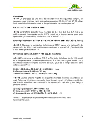 8
Mabel,Gaby, Emmanuel
Problemas
⦁S10.1 Un empleado de una línea de ensamble tiene los siguientes tiempos, en
segundos, para engomar y unir tres partes separadas: 35, 33, 37, 34, 37, 56. ¿Qué
haría usted si quisiera determinar el tiempo estándar para esta operación?
R= 35+33+ 37+ 34+ 37+56/6 = 38.66
⦁S10.2 Si Charlene Brewster tiene tiempos de 8.4, 8.6, 8.3, 8.5, 8.7, 8.5 y su
calificación del desempeño es del 110%, ¿cuál es el tiempo normal para esta
operación? ¿Es más rápida o más lenta que lo normal? PX
R=Tiempo Promedio: 8.4+8.6+ 8.3+ 8.5+ 8.7+ 8.5/6= 8.5TN: 8.5x1.10 = 9.35 seg
⦁S10.3 Si Charlene, la trabajadora del problema S10.2, tuviera una calificación de
desempeño del 90%, ¿cuál es el tiempo normal para la operación? ¿Es más rápida
o más lenta que lo normal? PX
R= Tiempo Normal: 8.5x0.90 = 7.65 seg. Es más lenta
⦁⦁S10.4Enreferencia al problema S10.2. a) Si el factor de holgura es del 15%, ¿cuál
es el tiempo estándar para esta operación? b) Si el factor de holgura es del 18% y
la calificación del desempeño es ahora del 90%, ¿cuál es el tiempo estándar para
esta operación? PX
R=8.5x1.10=9.35 se TE:9.35/1-0.15=9.35/0.85=11seg
R=Tiempo Normal 8.5X0.90=7.65 seg
Tiempo Estándar= 7.65/1-0.18=7.65/0.82=9.33 seg
⦁⦁S10.5 Maurice Browne registró los siguientes tiempos mientras ensamblaba un
reloj. Determine (a) el tiempo promedio; (b) el tiempo normal, y (c) el tiempo estándar
que invirtió, considere una calificación del desempeño del 95% y una holgura
personal del 8%.
a) tiempo promedio =1.74/16=0.1087 min
b) tiempo normal = 0.1087 x 0.95= 0.1032
c) tiempo estándar =0.1032/1-0.08= 0.1032/0.92=0.1121
*Nota: PX significa que el problema puede resolverse con POM para
Windows y/o Excel.
 