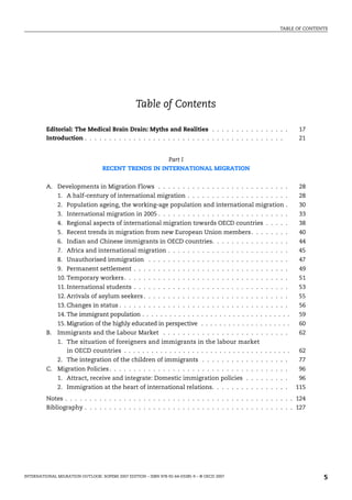 TABLE OF CONTENTS
INTERNATIONAL MIGRATION OUTLOOK: SOPEMI 2007 EDITION – ISBN 978-92-64-03285-9 – © OECD 2007 5
Table of Contents
Editorial: The Medical Brain Drain: Myths and Realities . . . . . . . . . . . . . . . . 17
Introduction . . . . . . . . . . . . . . . . . . . . . . . . . . . . . . . . . . . . . . . . . 21
Part I
RECENT TRENDS IN INTERNATIONAL MIGRATION
A. Developments in Migration Flows . . . . . . . . . . . . . . . . . . . . . . . . . . . 28
1. A half-century of international migration . . . . . . . . . . . . . . . . . . . . . 28
2. Population ageing, the working-age population and international migration . 30
3. International migration in 2005 . . . . . . . . . . . . . . . . . . . . . . . . . . . 33
4. Regional aspects of international migration towards OECD countries . . . . . 38
5. Recent trends in migration from new European Union members. . . . . . . . 40
6. Indian and Chinese immigrants in OECD countries. . . . . . . . . . . . . . . . 44
7. Africa and international migration . . . . . . . . . . . . . . . . . . . . . . . . . 45
8. Unauthorised immigration . . . . . . . . . . . . . . . . . . . . . . . . . . . . . 47
9. Permanent settlement . . . . . . . . . . . . . . . . . . . . . . . . . . . . . . . . 49
10. Temporary workers. . . . . . . . . . . . . . . . . . . . . . . . . . . . . . . . . . 51
11. International students . . . . . . . . . . . . . . . . . . . . . . . . . . . . . . . . 53
12. Arrivals of asylum seekers. . . . . . . . . . . . . . . . . . . . . . . . . . . . . . 55
13. Changes in status . . . . . . . . . . . . . . . . . . . . . . . . . . . . . . . . . . . 56
14. The immigrant population . . . . . . . . . . . . . . . . . . . . . . . . . . . . . . . . . 59
15. Migration of the highly educated in perspective . . . . . . . . . . . . . . . . . . . . 60
B. Immigrants and the Labour Market . . . . . . . . . . . . . . . . . . . . . . . . . . 62
1. The situation of foreigners and immigrants in the labour market
in OECD countries . . . . . . . . . . . . . . . . . . . . . . . . . . . . . . . . . . . . . 62
2. The integration of the children of immigrants . . . . . . . . . . . . . . . . . . 77
C. Migration Policies. . . . . . . . . . . . . . . . . . . . . . . . . . . . . . . . . . . . . 96
1. Attract, receive and integrate: Domestic immigration policies . . . . . . . . . 96
2. Immigration at the heart of international relations. . . . . . . . . . . . . . . . 115
Notes . . . . . . . . . . . . . . . . . . . . . . . . . . . . . . . . . . . . . . . . . . . . . . . 124
Bibliography . . . . . . . . . . . . . . . . . . . . . . . . . . . . . . . . . . . . . . . . . . . 127
IM-Outlook07.fm Page 5 Thursday, June 7, 2007 4:53 PM
 