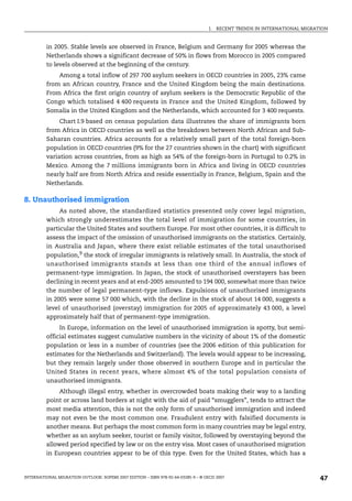 I. RECENT TRENDS IN INTERNATIONAL MIGRATION
INTERNATIONAL MIGRATION OUTLOOK: SOPEMI 2007 EDITION – ISBN 978-92-64-03285-9 – © OECD 2007 47
in 2005. Stable levels are observed in France, Belgium and Germany for 2005 whereas the
Netherlands shows a significant decrease of 50% in flows from Morocco in 2005 compared
to levels observed at the beginning of the century.
Among a total inflow of 297 700 asylum seekers in OECD countries in 2005, 23% came
from an African country, France and the United Kingdom being the main destinations.
From Africa the first origin country of asylum seekers is the Democratic Republic of the
Congo which totalised 4 400 requests in France and the United Kingdom, followed by
Somalia in the United Kingdom and the Netherlands, which accounted for 3 400 requests.
Chart I.9 based on census population data illustrates the share of immigrants born
from Africa in OECD countries as well as the breakdown between North African and Sub-
Saharan countries. Africa accounts for a relatively small part of the total foreign-born
population in OECD countries (9% for the 27 countries shown in the chart) with significant
variation across countries, from as high as 54% of the foreign-born in Portugal to 0.2% in
Mexico. Among the 7 millions immigrants born in Africa and living in OECD countries
nearly half are from North Africa and reside essentially in France, Belgium, Spain and the
Netherlands.
8. Unauthorised immigration
As noted above, the standardized statistics presented only cover legal migration,
which strongly underestimates the total level of immigration for some countries, in
particular the United States and southern Europe. For most other countries, it is difficult to
assess the impact of the omission of unauthorised immigrants on the statistics. Certainly,
in Australia and Japan, where there exist reliable estimates of the total unauthorised
population,9
the stock of irregular immigrants is relatively small. In Australia, the stock of
unauthorised immigrants stands at less than one third of the annual inflows of
permanent-type immigration. In Japan, the stock of unauthorised overstayers has been
declining in recent years and at end-2005 amounted to 194 000, somewhat more than twice
the number of legal permanent-type inflows. Expulsions of unauthorised immigrants
in 2005 were some 57 000 which, with the decline in the stock of about 14 000, suggests a
level of unauthorised (overstay) immigration for 2005 of approximately 43 000, a level
approximately half that of permanent-type immigration.
In Europe, information on the level of unauthorised immigration is spotty, but semi-
official estimates suggest cumulative numbers in the vicinity of about 1% of the domestic
population or less in a number of countries (see the 2006 edition of this publication for
estimates for the Netherlands and Switzerland). The levels would appear to be increasing,
but they remain largely under those observed in southern Europe and in particular the
United States in recent years, where almost 4% of the total population consists of
unauthorised immigrants.
Although illegal entry, whether in overcrowded boats making their way to a landing
point or across land borders at night with the aid of paid “smugglers”, tends to attract the
most media attention, this is not the only form of unauthorised immigration and indeed
may not even be the most common one. Fraudulent entry with falsified documents is
another means. But perhaps the most common form in many countries may be legal entry,
whether as an asylum seeker, tourist or family visitor, followed by overstaying beyond the
allowed period specified by law or on the entry visa. Most cases of unauthorised migration
in European countries appear to be of this type. Even for the United States, which has a
IM-Outlook07.fm Page 47 Thursday, June 7, 2007 4:53 PM
 