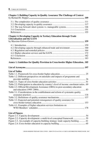 8 – TABLE OF CONTENTS
CROSS-BORDER TERTIARY EDUCATION – ISBN-978-92-64-03363-4 © OECD AND IBRD/THE WORLD BANK 2007
Chapter 3. Building Capacity in Quality Assurance The Challenge of Context
by Richard R. Hopper................................................................................................. 109
3.1. The complexities of quality assurance ............................................................. 111
3.2. Developing capacity in quality assurance........................................................ 117
3.3. The way forward: ideal systems vs. manageable systems................................ 146
3.4. Conclusion ....................................................................................................... 151
References............................................................................................................... 155
Chapter 4. Developing Capacity in Tertiary Education through Trade
Liberalisation and the GATS
by Massimo Geloso-Grosso........................................................................................ 159
4.1. Introduction...................................................................................................... 159
4.2. Developing capacity through enhanced trade and investment ......................... 160
4.3. Regulation and remedial policies..................................................................... 164
4.4. Higher education services and the GATS ........................................................ 172
4.5. Conclusion ....................................................................................................... 182
References............................................................................................................... 183
Annex 1. Guidelines for Quality Provision in Cross-border Higher Education.. 185
List of Acronyms....................................................................................................... 197
List of Tables
Table 1.1. Framework for cross-border higher education............................................. 25
Table 1.2. Different perspectives on rationales and impacts of programme and
provider mobility.................................................................................................. 36
Table 2.1. Types of cross-border education activities .................................................. 51
Table 2.2. Participation in education by country’s level of income: enrolment ratios.. 69
Table 2.3. Official Development Assistance (ODA) to post-secondary education
and education (1995- 2004).................................................................................. 83
Table 3.1. Considerations in the establishment and reform of systematic quality
assurance practices ............................................................................................. 118
Table 3.2. Definitions of quality assurance mechanisms............................................ 137
Table 3.3. Expected and potential consequences of quality assurance for
cross-border tertiary education........................................................................... 153
Table 4.1. Examples of higher education services limitations on
WTO Members’ schedules................................................................................. 178
List of Figures
Figure 2.1. Capacity development ................................................................................ 54
Figure 2.2. Capacity development: a multi-level conceptual framework ..................... 55
Figure 2.3. An example of capacity-building strategy: trade capacity building ........... 61
Figure 2.4. Cross-border education in capacity building.............................................. 65
 