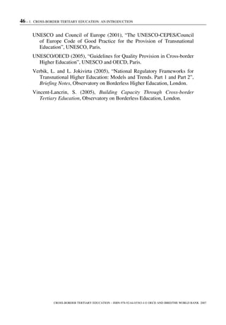46 – 1. CROSS-BORDER TERTIARY EDUCATION: AN INTRODUCTION
CROSS-BORDER TERTIARY EDUCATION – ISBN-978-92-64-03363-4 © OECD AND IBRD/THE WORLD BANK 2007
UNESCO and Council of Europe (2001), “The UNESCO-CEPES/Council
of Europe Code of Good Practice for the Provision of Transnational
Education”, UNESCO, Paris.
UNESCO/OECD (2005), “Guidelines for Quality Provision in Cross-border
Higher Education”, UNESCO and OECD, Paris.
Verbik, L. and L. Jokivirta (2005), “National Regulatory Frameworks for
Transnational Higher Education: Models and Trends. Part 1 and Part 2”,
Briefing Notes, Observatory on Borderless Higher Education, London.
Vincent-Lancrin, S. (2005), Building Capacity Through Cross-border
Tertiary Education, Observatory on Borderless Education, London.
 