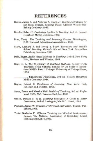 REFERENCES
Banks, James A and Ambrose A Clegg, Jr. Teaching Strategies for
the Social Studies. Reading, Mass.: Addision-Wesley Pub-
lishing Company, 1983.
Biehler, Robert F. Psychology Applied to Teaching, 2nd ed. Boston:
Houghton Mifflin Company, 1982.
Blue, Terry The Teaching and Learning Process. Washington,
D.C.: National Educational Associations, 1981.
Clark, Leonard J . and Irving S. Starr. Secondary and Mui.dle
School Teaching Methods, 5th ed. New York: Macmillan
Publishing Company, 1979.
Dale, Edgar. Audio-Visual Methods in Teaching, 3rd ed. New York;
Holt, Rinehart and Winston, 1969.
Gage, N. L. The Psychology of Teaching Methods. Seventy-Fifth
Yearbook of the National Society for the Study of Educa-
tion (NSSE). Part I. Chicago: University of Chicago Press,
1976.
____ _, Educational Psychology, 3rd ed. Boston: Houghton
Miffiin Company, 1984.
G&gne, Robert R. Conditions of Learning. New York: Holt,
Rinehart and Winston, 1965.
Joyce, Bruce and Marsha Weil. Models ofTeaching, 3rd ed. Engle-
wood Cliffs, N.J.: Prentice-Hall, Inc.,1986
Orlich, Donald C. et al. Teaching Strategles: A Guide to Better
Instruction, 2nd ed. Lexington, Ma: D.C. Heath, 1985.
Popham, James W. Criterion-Preferenced Instruction. Fearon, Pub-
lisher.s, 1975.
Troisi, Nocholas F. Effective Teaching and Student Achievement,
Reston, VA: National Association of Secondary School.
Principals (NASSP), 1983.
112
 
