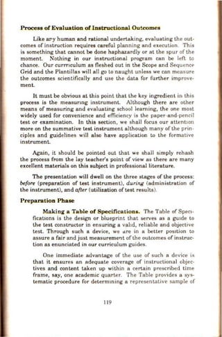 Process of Evaluation of Instructional Outcomes
Like ary human and rational undertaking, evaluating the out-
comes of instruction requires careful planning and execution. This
is something that cannot be done haphazardly or at the spur of the
moment. Nothing in our instructional program can be left w
chance. Our currn culum as fleshed out in the Sc:ope and SequencE>
Grid and the Plantillas will all go to naught unless we can measure
the outcomes scientifically and use the data for further improve-
ment.
It must be obvious at this point that the key ingredient in this
process is the measunng instrument. Although there are other
means of measuring and evaluating school learning, the one most
widely used for convenience and efficiency is the paper-and-pencil
test or examination. In this section, we shall focus our attentiOn
more on the summative test instrument although many of the prin-
ciples and guidelines wil1 also have application to the formative
instrument.
Again, it should be pointed out that we shall simply rehash
the process from the lay teacher's point of view as there are many
excellent materials on this subject in professional literature.
The presentation will dwell on the three stages of the process:
before (preparation of test instrument), during (administration of
the instrument), and after (utilization of test results).
Preparation Phase
Making a Table of Specifications. The Table of SpeCJ-
ficabons is the design or blueprint that serves as a gutde to
the test constructor in ensuring a vahd, reliable and objective
test . Through such a device, we ure in a better posttion to
assure a fair and just measurement ofthe outcomes of instruc-
tion as enunciated in our curriculum guides.
One immediate advantage of the use of such a device is
that it ensures an adequate coverage of instructional objec-
tives and content taken up within a certain prescribed time
frame, say, one academic quarter. The Table provides a sys-
tematic procedure for determming a representative sample of
119
 