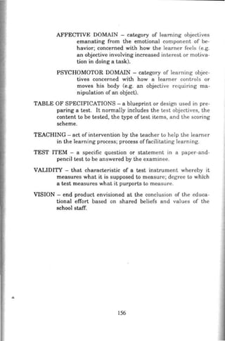 AFFECTIVE DOMAIN - category of learning objectives
emanating from the emotional component of be-
havior; concerned with how the learner feels (e.g.
an objective involving increased interest or motiva-
tion in doing a task).
PSYCHOMOTOR DOMAIN - category of learning objec-
tives concerned with how a Ieamer controls or
moves his body (e.g. an objective requiring ma-
nipulation of an object).
TABLE OF SPECIFICATIONS- a blueprint or design used in pre-
paring a test. It nonnally includes the test objectives, the
content to be tested, the type of test items, and the scoring
scheme.
TEACHING - act of intervention by the teacher to help the Ieamer
in the learning process; process offacilitating learning.
TEST ITEM - a specific question or statement in a paper-and-
pencil test to be answered by the examinee.
VALIDITY - that characteristic of a test instrument whereby it
measures what it is supposed to measure; degree to whtth
a test measures what it purports to measure.
VISION - end product envisioned at the conclusion of the educa-
tional effort based on shared beliefs and values of the
school staff.
156
 
