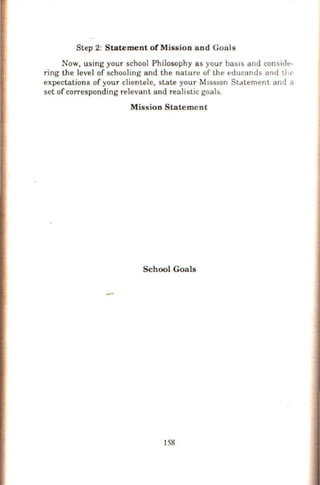 Step 2: Statement of Mission and Goals
Now, using your school Philosophy as your basts and conside-
ring the level of schooling and the nature of the educands and thl'
expectations of your clientele, state your M1ss1on Statement and a
set of corresponding relevant and realistic goals.
Mission Statement
School Goals
158
 