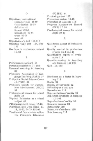 0
Objectives, instructional
characteristics 44-49
classification 51-55
definiton 41
format 49-50
limitations 12-44
types 55-56
uses 42
Objectivity of a lest 116-117
Objective Type test 124, 125-
129
Overlaps in curriculum content
11,69
p
Performance standard 48
Persona] experience 77, 102
Personal meaning in learning
82
Philippine Association of Lan-
guage Teaching (PALT) 37
Philippine Social Science Coun-
cil (PSSC) 37
Philippine Society for Curricu-
lum Development (PSCD)
37
Philosophical screen for school
goals 38
Physical Education as a school
subject 62
PIE management model 15-18
Plantillas, also Unit Plans 17,
18, 21-22, 74-75, 85107
Presidental Commission to Sur-
vey Philippine Education
(PCSPE) 44
Proctoring a test 137
Production system 12-15
Promotion of students 118
Progress Assessment Rocord
(PAR) 17,18
Psychologival screen for school
goals 39-40
Q
Qualitative aspect of evaluation
114
Quality control in production
system 15, 140, 146
Quantitative aspect of evalu-
ation 114
Question-asking in teaching
and learning 100-101
Quiz 105,115
R
Readiness as a factor in learn-
ing 118
Realia 92
Reality or real world 92
Rehability of a test 116
Remediatiot. US
Representation of reality 92
Repetition principle in learning
102-103
Reproduction of reality 92
Resource persons 92
Reteaching 118
Retention of students 118
Rote learning 117
167
 