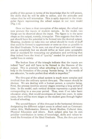 profile of this person in terms of the knowledge that he wil1 posses,
the skills that he will be able to utilize, and the attitudes and
values that he will internalize. This is aptly dep1cted in the trian-
gular figure representing the school output in our next model
(Fig. 1-4).
Once we have a clear conception of the output, the school can
now procure the inputs or student recruits. In the model, two
trungs can be observed about the input. The figure is m the same
shape as the output, namely, triangular. This suggests that the in-
put should have the potential to be formed into the desired output.
Meaning, students we take into our school should be made of stuff
that could be formed to approximate or come as close as possible to
the Ideal Graduate. To be sure, not one of our graduates will meas-
ure up completely but we should define at least some acceptable
level or standard for measuring our graduates and certifying that
they indeed have the kind of "quahty" needed for productive and
useful lives in society
The broken lines of the triangle indicate that the inputs are
indeed "raw" and stlll have to be fonned in the likeness of the
output. This is precisely what schooling is all about, namely, to
help in the formation of the young human being. In the words of
one educator, "to make perfect that which is imperfect."
The thru-put of the school system is much more complex and
involved than the ordinary system thru-put. The reason should be
obvious. We are dealing with a human person, a complex being,
Ftrst, the process involves several stages covering a long period of
time. In the model, each vertical division represents a grade level
corresponding to a one-year period. Thus, even if we take basic
education alone, that would encompass at least ten years. ln some
cases, there will be more stages as the student goes through higher
levels of schooling.
The second feature of this thru-put is the horizontal divisions
designating the different subje~'t areas in school such as Communi-
cation Arts, Mathematics, Science, Social Studies, Cultural Arts,
Physical Education and others. Each subject area has its own
peculiar contribution in terms of knowledge, skills and values to-
ward the formation of the Ideal Graduate. Thus, the thru put now
14
 