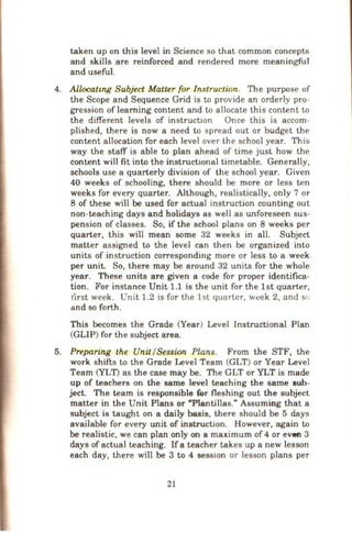taken up on this level in Science so that common concepts
and skills are reinforced and rendered more meaningfut
and useful.
4. Allocatmg Subject Matter for Instruction. The purpose of
the Scope and Sequence Grid is to provide an orderly pro-
gression of learning content and to allocate this content to
the different levels of instructiOn Once this is accom-
plished, there is now a need to spread out or budget the
content allocation for each level over the school year. This
way the staff is able to plan ahead of time just how the
content will fit into the instructlonal timetable. Generally,
schools use a quarterly division of the school year. Given
40 weeks of schooling, there should be more or less ten
weeks for every quarter. Although, realistically, only 7 or
8 of these will be used for actual instruction counting out
non-teaching days and holidays as well as unforeseen sus-
pension of classes. So, if the school plans on 8 weeks per
quarter, this will mean some 32 weeks in all. Subject
matter assigned to the level can then be organized into
units of instruction corresponding more or less to a week.
per unit. So, there may be around 32 units for the whole
year. These units are given a code for proper identifica-
tion. l"or instance Unit 1.1 is the unit for the 1st quarter,
tirst week. Unit 1.2 is for the 1st quarter, week 2, and s::
and so forth.
This becomes the Grade (Year) Level Instructional Plan
(GLIP) for the subject area.
5. Preparing the Unit ISession Plans. From the STF, the
work shifts to the Grade Level Team (GLT) or Year Level
Team (YLT) as the case may be. The GLT or YLT is made
up of teachers on the same level teaching the same sub-
ject. The team is responsible f-or fleshing out the subject
matter in the Unit Plans or "Plantillas." Assuming that a
subject is taught on a daily basis, there should be 5 days
available for every unit of instruction. However, again to
be realistic, we can plan only on a maximum of 4 or evMl 3
days of actual teaching. If a teacher takes up a new lesson
each day, there will be 3 to 4 sesston or lesson plans per
21
 