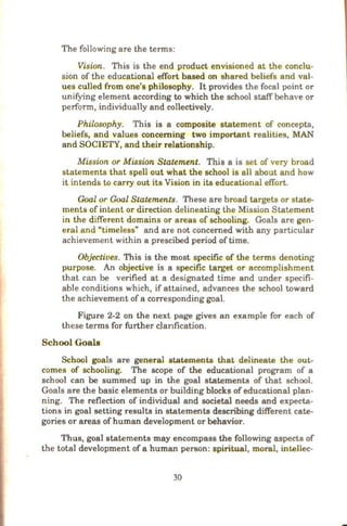 The following are the terms:
Vision. This is the end product envisioned at the conclu-
sion of the educational effort based on shared beliefs and val-
ues culled from one's philosophy. It provides the focal point or
unifying element according to which the school staff behave or
perform, individually and collectively.
Philosophy. This is a composite statement of concepts,
beliefs, and values concerning two important realities, MAN
and SOCIETY, and their relationship.
Mission or Mission Statement. This a is set of very broad
statements that spell out what the school is all about and how
it intends to carry out its Vision in its educational effort.
Goal or Goal Statements. These are broad targets or state-
ments ofintent or direction delineating the Mission Statement
in the different domains or areas of schooling. Goals are gen-
eral and "timeless" and are not concerned with any particular
achievement within a prescibed period of time.
Objectives. This is the most specific of the terms denoting
purpose. An objective is a specific target or accomplishment
that can be verified at a designated time and under specifi-
able conditions which, if attained, advances the school toward
the achievement of a corresponding goal.
Figure 2-2 on the next page gives an example for each of
these terms for further clanfication.
School Goals
School goals are general statements that delineate the out-
comes of schooling. The scope of the educational program of a
school can be summed up in the goal statements of that school.
Goals are the basic elements or building blocks of educational plan-
ning. The reflection of individual and societal needs and expecta-
tions in goal setting results in statements describing different cate-
gories or areas of human development or behavior.
Thus, goal statements may encompass the following aspects of
the total development of a human person: spiritual, moral, intellec-
30
 
