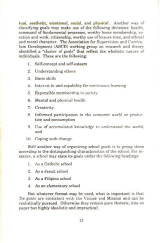 tual, aesthetic, emotional, social, and physical. Another way of
c1assifying goals may make use of the fol1owing divisions: health,
command of fundamental processes, worthy home membership, vo
cation and work, citizenship, worthy use ofleisure time, and eth1cal
and moral character. The Association for Supervision and Curricu-
lum Development (ASCD) working group on research and theory
identified a "cluster of goals" that reflect the wholistic nature of
individuals. These are the fo11owing:
1. Self-concept and self-esteem
2. Understanding others
3. Basic skills
4 . Interest in and capability for continuous leam mg
5. Reponsible membership in society
6. Mental and physical health
7. Creativity
8. Informed participation in the economic world or produc
tion and consumption
9. Use of accumulated knowledge to understand the world,
and
10. Coping w1th change.
Still another way of organizing school goals is to group them
according to the distinguishing characteristics of the school. For in-
stance, a school may state its goals under the following headmgs:
1. As a Catholic school
2. As a J esuit school
3. As a Filipino school
4. As an elementary school
But whatever format may be used, what is important is that
~he goals are consistent with the Vi.siont :tnd Mission and can be
realistical1y pursued. Otherwise they remain pure rhetoric, nice on
paper but highly idealistic and impractical.
32
 