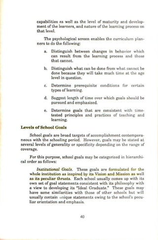 capabilities as well as the level of maturity and develop-
ment of the learners, and nature of the learning process on
that level.
The psychological screen enables the curriculum plan-
ners to do the following:
a. Distinguish between changes in behavior which
can result from the learning process and those
that cannot.
b. Distinguish what can be done from what cannot be
done because they will take much time at the age
level in question.
c. Determine prerequisite conditions for certain
types of learning.
d. Suggest length of time over which goals should be
pursued and emphasized.
e. Determine goals that are consistent with time-
tested principles and practices of teaching and
learning.
Levels of School Goals
School goals are broad targets of accomplishment contempora-
neous with the schooling period. However, goals may be stated at
several levels of generality or specificity depending on the range of
coverage.
For this purpose, school goals may be categorized in hierarchi-
cal order as follows:
Institutional Goals. These goals are formulated for the
whole institution as inspired by its Vision and Mission as well
as its peculiar thrusts. Each school usually comes up with its
own set of goal statements consistent with its philosophy with
a view to developing its "Ideal Graduate." These goals may
have some similarities with those of other schools but will
usually contain unique statements owing to the school's pecu-
liar orientation and emphasis.
40
 
