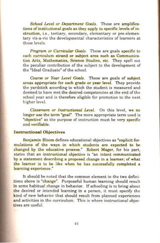 School Level or Department Goals. These are amplifica-
tions of institutional goals as they apply to specific levels of in-
struction, i.e., tertiary, secondary, elementary or pre-elemen-
tary vis-a-vis the developmental characteristics of learners at
those levels.
Program or Curricular Goals. These are goals specific to
each curriculum strand or subject area such as Communica-
tion Arts, Mathematics, Science Studies, etc. They spell out
the peculiar contribution of the subject to the development of
the "Ideal Graduate" of the school.
Course or Year Level Goals. These are goals of subject
areas appropriate for each grade or year level. They provide
the yardstick according to whi<:h the student is measured and
deemed to have met the desired competencies at the end of the
school year and is therefore eligible for promotion to the next
higher level.
Classroom or Instructional Level. On this level, we no
longer use the term "goal". The more appropriate term used is
"objective" as the purpose of instruction must be very specific
and verifiable.
Instructional Objectives
Benjamin Bloom defines educational objectives as "explicit for-
mulations of the ways in which students are expected to be
changed by the educative process." Robert Mager, for his part,
states that an instructional objective is "an intent communicated
by a statement describing a proposed change in a learner; of what
the learner is to be like when he has successfully completed a
learning experience."
It should be noted that the common element in the two defini-
tions above is "change". Purposeful human learning should result
in some habitual change in behavior . If schooling is to bring about
the desired or intended learning in a person, it must specify the
kind of new behavior that should result from planned experiences
and activities in the curriculum. This is where instructional objec-
tives are useful.
41
 