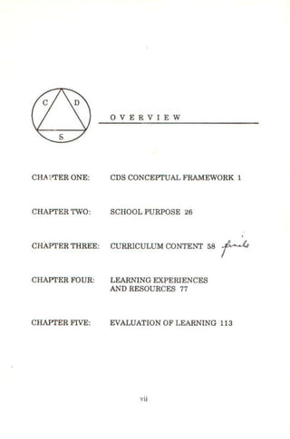OVERVIEW
CHAPTER ONE: CDS CONCEPI'UAL FRAMEWORK 1
CHAPI'ER TWO: SCHOOL PURPOSE 26
CHAPTER THREE: CURRICULUM CONTENT 58 r
CHAPI'ER FOUR: LEARNING EXPERIENCES
AND RESOURCES 77
CHAPI'ER FIVE: EVALUATION OF LEARNING 113
vii
 