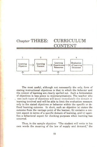 Chapter THREE:
1 2
ing Learning
IVe ----7 Content ----7
1' 1'
CURRICULUM
CONTENT
3 4
Learmng Evaluation
Experience& ----7 of Learning
Resources Outcome&
1'
The most useful, although not necessarily the only, form of
stating instructional obJectives is that in which the behavior and
the content of learning are clearly spelled out. Such a formulation
of objectives is less prone to misinterpretations. The teacher who
1 tses such types of objectives will know immediatelv the domain o1
learning involved and will be able to limit the evaluation measur~
only to the stated objectives or behavior within the specific or de-
fined learning outcome. In short, such an objective (a) states the
outcome from the vantage point of the learner, (b) contains a con-
tent aspect in terms of a specific domain of learning, and (c) speci-
fies a behavioral aspect for checking purposes when learning has
occurred.
Thus, in the sample obJective: "The student will write in hts
own words the meaning of the law of supply and demand," the
58
 