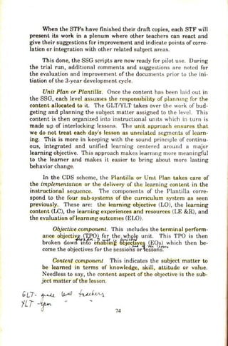 When the STFs have finished their draft copies, each STF will
present its work in a plenum where other teachers can react and
give their suggestions for improvement and indicate points of corre-
lation or integration with other related subject areas.
This done, the SSG scripts are now ready for pilot use. During
the trial run, additlonal comments and suggestions are noted for
the evaluation and improvement of the documents prior to the ini-
tiation of the 3-year development cycle.
Unit Plan or Plantilla. Once the content has been laid out in
the SSG, each level assumes the respons1bihty of planmng for the
content allocated to it. The GLT/YLT takes over the work of bud-
geting and planning the subject matter assigned to the level. This
content is then organized into instruct10nal umts which in turn is
made up of interlocking lessons. The unit approach ensures that
we do not treat each day's lesson as unrelated segments of learn-
ing. This is more in keeping WJth the sound princ1ple of continu-
ous, integrated and unified learning centered around a major
learning objective. This approach makes learnmg more meaningful
to the learner and makes it easier to bring about more lasting
behavior change.
In the CDS scheme, the Plantilla or Umt Plan takes care of
the implementatwn or the delivery of the learning content in the
instructional sequence. The components of the Plantilla corre-
spond to the four sub-systems of the curnculum system as seen
previously. These are: the learning objective (LO), the learning
content (LC), the learning experiences and resources (LE &R), and
the evaluation oflearmng outcomes (ELO).
Objective component. This mcludes the terminal perform-
ance objectiv~ JTJ?Ol for the~R},; unit. This TPO is then
broken down~ efia'Sifn~ bbjec_E.ye.~ ,mos) which then be-
come the objectives for the ~essions or ~esso~
Content component This indicates the subject matter to
be learned in terms of knowledge, skill, attitude or value.
Needless to say, the content aspect of the obJective is the sub-
ject matter of the lesson.
..
74
 