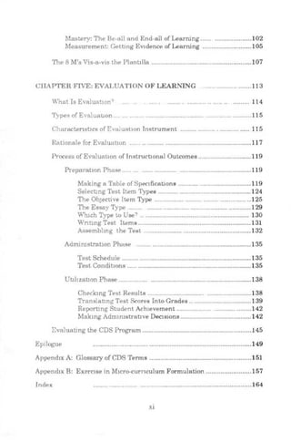 Mastery: The Be-all and End-all of Learning...... ....................102
Measuremf'nt: ~tbng EVIdence of Learning ...........................105
The 8 M's Vis-a-vis the Plantllla .......................................................107
CHAPTER FIVE: EVALUATION OF LEARNING ........................11 3
What Is Evaluation? ........ .......... .. ..... .. ......... ll4
Types of Evaluation .......................................................................115
Chnractenst1cs of EvnluAtlon Instrument ............................. ..... 115
Rationale for Eva!untlor. ................. ...............................................11 7
Process ofEvaluat10n of lnstructJOnal Outcomes .............................119
PreparatiOn PhaSE> .. .. ... ...... ............ .......................................119
Making a Table ofSpec1ficationa ........... ............................119
Selecting Test Item Types ..................................................124
The OhJectlve ltern Type ............................................... ..125
The Essay Type ....... ......................................................129
V..1uch 'Type to Use? ........................................................... 130
WntlngTest Items ..............................................................131
Assembling the Test ..........................................................132
Admirustrat1on Phase ..............................................................135
Test Schedule ......... .............................................................135
Test Conditlons ...................................................................135
Ut!IJzatlon Phase .......................................................................138
Chedung TE>st Re~mlts ....................................................... 138
Translatlng T£>st Scores Into Grades .................................139
Reporting Student Aduevement ...................................... 142
Makmg Admm1stratwe Dec1s1ons .......................................142
Evaluating the CDS Program ............................................................ 145
gpilogue .............................. ........................................................149
Append1x A: Glossary of CDS Terms ........................................................ 151
Append1x B: Ex:erc1se in M!cro-cumculum Formulation .........................157
Index ....................................................................................164
XI
 