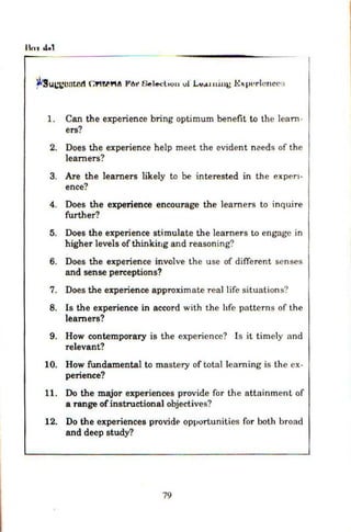 1. Can the experience bring optimum benefit to the learn -
ers?
2. Does the experience help meet the evident needs of the
learners?
3. Are the learners likely to be interested in the expen ·
ence?
4. Does the experience encourage the learners to inquire
further?
5. Does the experience stimulate the learners to engage in
higher levels of thinking and reasoning?
6. Does the experience inv()lve the use of different senses
and sense perceptions?
7. Does the experience approximate real life situations?
8. Is the experience in accord with the hfe patterns of the
learners?
9. How contemporary is the experience? Is it timely and
relevant?
10. How fundamental to mastery of total learning is the ex·
perience?
11. Do the major experiences provide for the attainment of
a range of instructional objectives?
12. Do the experiences prodde opvortunities for both broad
and deep study?
79
 