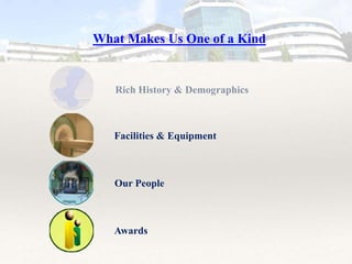 What Makes Us One of a Kind
Rich History & Demographics
Facilities & Equipment
Our People
Awards
 