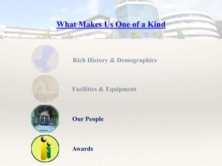 What Makes Us One of a Kind
Rich History & Demographics
Facilities & Equipment
Our People
Awards
 