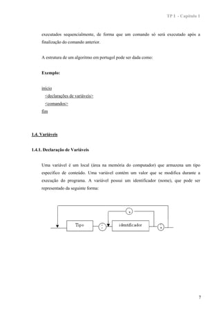 TP I - Capítulo 1



     executados sequencialmente, de forma que um comando só será executado após a
     finalização do comando anterior.


     A estrutura de um algoritmo em portugol pode ser dada como:


     Exemplo:


     início
       <declarações de variáveis>
       <comandos>
     fim




1.4. Variáveis


1.4.1. Declaração de Variáveis


     Uma variável é um local (área na memória do computador) que armazena um tipo
     específico de conteúdo. Uma variável contém um valor que se modifica durante a
     execução do programa. A variável possui um identificador (nome), que pode ser
     representado da seguinte forma:




                                                                                   7
 
