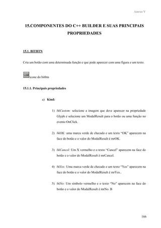 Anexo V



 15.COMPONENTES DO C++ BUILDER E SUAS PRINCIPAIS
                                  PROPRIEDADES



15.1. BITBTN


Cria um botão com uma determinada função e que pode aparecer com uma figura e um texto.



    ícone do bitbtn


15.1.1. Principais propriedades


             a) Kind:


                      1) bkCustom: selecione a imagem que deve aparecer na propriedade
                         Glyph e selecione um ModalResult para o botão ou uma função no
                         evento OnClick.


                      2) bkOK: uma marca verde de checado e um texto “OK” aparecem na
                         face do botão e o valor do ModalResult é mrOK.


                      3) bkCancel: Um X vermelho e o texto “Cancel” aparecem na face do
                         botão e o valor do ModalResult é mrCancel.


                      4) bkYes: Uma marca verde de checado e um texto “Yes” aparecem na
                         face do botão e o valor do ModalResult é mrYes..


                      5) bkNo: Um símbolo vermelho e o texto “No” aparecem na face do
                         botão e o valor do ModalResult é mrNo. B




                                                                                     166
 