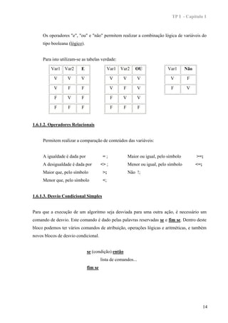TP I - Capítulo 1



     Os operadores "e", "ou" e "não" permitem realizar a combinação lógica de variáveis do
     tipo booleana (lógico).


     Para isto utilizam-se as tabelas verdade:

         Var1 Var2        E                   Var1 Var2      OU               Var1      Não

           V      V       V                    V    V          V               V         F

           V       F      F                    V     F         V               F        V

           F      V       F                    F    V          V

           F       F      F                    F     F         F


1.6.1.2. Operadores Relacionais


     Permitem realizar a comparação de conteúdos das variáveis:


     A igualdade é dada por              =;              Maior ou igual, pelo símbolo         >=;
     A desigualdade é dada por          <> ;             Menor ou igual, pelo símbolo         <=;
     Maior que, pelo símbolo             >;              Não !;
     Menor que, pelo símbolo             <;


1.6.1.3. Desvio Condicional Simples


Para que a execução de um algoritmo seja desviada para uma outra ação, é necessário um
comando de desvio. Este comando é dado pelas palavras reservadas se e fim se. Dentro deste
bloco podemos ter vários comandos de atribuição, operações lógicas e aritméticas, e também
novos blocos de desvio condicional.


                               se (condição) então
                                        lista de comandos...
                               fim se




                                                                                                    14
 