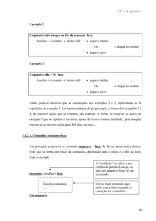 TP I - Capítulo 1



    Exemplo 2:


    Enquanto ( não chegar ao fim de semana) faça
         Acordar → levantar → tomar café       → pegar o ônibus
                                                      Ou             → chegar ao destino
                                               → pegar o carro


    Exemplo 3:


    Enquanto ( dia < N) faça
         Acordar → levantar → tomar café       → pegar o ônibus
                                                      Ou             → chegar ao destino
                                               → pegar o carro


    Então, pode-se observar que as construções dos exemplos 2 e 3, representam as N
    repetições do exemplo 1. Em termos práticos da programação, a forma dos exemplos 2 e
    3, de escrever ações que se repetem, são corretas. A forma de escrever as ações do
    exemplo 1 que se repetem é incorreta, apesar de levar o mesmo resultado, pois imagine
    reescrever as mesmas ações para 365 dias, ou mais...


1.6.2.1. Comando: enquanto/faça


    Em portugol, escreve-se o comando enquanto / faça, da forma apresentada abaixo.
    Note que se forma um bloco de comandos, delimitado ente o início e o fim do loop.
    Veja o exemplo:
                                                       A “condição “ se refere a um
                                                       critério de parada do loop, ou
                                                       seja, até quando o loop vai ser
    enquanto (condição) faça                           executado.
              ...
              lista de comandos;                       Um ou mais comandos que
              ...                                      serão executados enquanto a
                                                       condição for verdadeira.
    fim enquanto



                                                                                         18
 