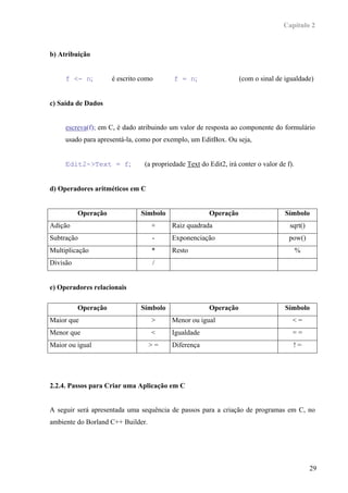 Capítulo 2



b) Atribuição


     f <- n;         é escrito como       f = n;                  (com o sinal de igualdade)


c) Saída de Dados


     escreva(f); em C, é dado atribuindo um valor de resposta ao componente do formulário
     usado para apresentá-la, como por exemplo, um EditBox. Ou seja,


     Edit2->Text = f;           (a propriedade Text do Edit2, irá conter o valor de f).


d) Operadores aritméticos em C


          Operação            Símbolo                  Operação                    Símbolo
Adição                             +      Raiz quadrada                              sqrt()
Subtração                          -      Exponenciação                              pow()
Multiplicação                      *      Resto                                           %
Divisão                            /


e) Operadores relacionais

          Operação            Símbolo                  Operação                    Símbolo
Maior que                          >      Menor ou igual                              <=
Menor que                          <      Igualdade                                   ==
Maior ou igual                     >=     Diferença                                   !=




2.2.4. Passos para Criar uma Aplicação em C


A seguir será apresentada uma sequência de passos para a criação de programas em C, no
ambiente do Borland C++ Builder.




                                                                                              29
 