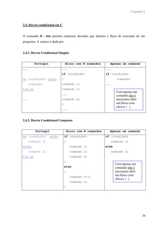 Capítulo 2



2.4. Desvio condicional em C


O comando if - else permite expressar decisões que alteram o fluxo de execução de um
programa. A sintaxe é dada por:


2.4.1. Desvio Condicional Simples


         Portugol                 Bloco com N comandos        Apenas um comando
...                          ...                            ...
                             if (condição)                  if (condição)
se (condição) então          {                                      comando;
      comando;               comando 1;                     ...
fim se                       comando 2;
                                                                   Com apenas um
                             ...
                                                                   comando não é
...                          comando n;                            necessário abrir
                             }                                     um bloco com
                                                                   chaves { }.
                             ...


2.4.2. Desvio Condicional Composto


          Portugol                   Bloco com N comandos     Apenas um comando
se (condição)       então        if (condição)              if (condição)
      comando 1;                 {                             comando 1;
senão                                 comando 1;            else
      comando 2;                      comando 2;               comando 2;
fim se                                comando 3;
                                 }
                                                                   Com apenas um
                                 else                              comando não é
                                 {                                 necessário abrir
                                      comando n-1;
                                                                   um bloco com
                                                                   chaves { }.
                                      comando n;
                                 }




                                                                                      36
 