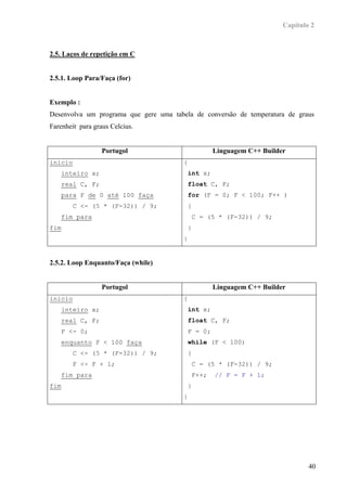 Capítulo 2



2.5. Laços de repetição em C


2.5.1. Loop Para/Faça (for)


Exemplo :
Desenvolva um programa que gere uma tabela de conversão de temperatura de graus
Farenheit para graus Celcius.


                   Portugol                            Linguagem C++ Builder
inicio                                  {
      inteiro x;                            int x;
      real C, F;                            float C, F;
      para F de 0 até 100 faça              for (F = 0; F < 100; F++ )
         C <- (5 * (F-32)) / 9;             {
      fim para                                  C = (5 * (F-32)) / 9;
fim                                         }
                                        }


2.5.2. Loop Enquanto/Faça (while)


                   Portugol                            Linguagem C++ Builder
inicio                                  {
      inteiro x;                            int x;
      real C, F;                            float C, F;
      F <- 0;                               F = 0;
      enquanto F < 100 faça                 while (F < 100)
         C <- (5 * (F-32)) / 9;             {
         F <- F + 1;                            C = (5 * (F-32)) / 9;
      fim para                                  F++;   // F = F + 1;
fim                                         }
                                        }




                                                                                   40
 