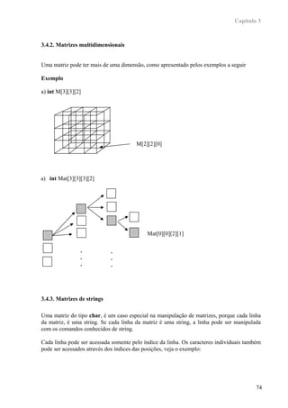 Capítulo 3



3.4.2. Matrizes multidimensionais


Uma matriz pode ter mais de uma dimensão, como apresentado pelos exemplos a seguir

Exemplo

a) int M[3][3][2]




                                       M[2][2][0]




a) int Mat[3][3][3][2]




                                           Mat[0][0][2][1]

                .            .
                .            .
                .            .




3.4.3. Matrizes de strings

Uma matriz do tipo char, é um caso especial na manipulação de matrizes, porque cada linha
da matriz, é uma string. Se cada linha da matriz é uma string, a linha pode ser manipulada
com os comandos conhecidos de string.

Cada linha pode ser acessada somente pelo índice da linha. Os caracteres individuais também
pode ser acessados através dos índices das posições, veja o exemplo:




                                                                                         74
 