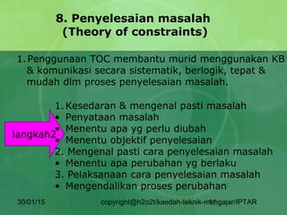 30/01/15 copyright@h2o2t/kaedah-teknik-mengajar/IPTAR11
8. Penyelesaian masalah
(Theory of constraints)
1.Penggunaan TOC membantu murid menggunakan KB
& komunikasi secara sistematik, berlogik, tepat &
mudah dlm proses penyelesaian masalah.
langkah2
1.Kesedaran & mengenal pasti masalah
• Penyataan masalah
• Menentu apa yg perlu diubah
• Menentu objektif penyelesaian
2. Mengenal pasti cara penyelesaian masalah
• Menentu apa perubahan yg berlaku
3. Pelaksanaan cara penyelesaian masalah
• Mengendalikan proses perubahan
 
