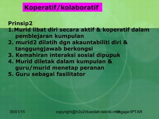 30/01/15 copyright@h2o2t/kaedah-teknik-mengajar/IPTAR19
Koperatif/kolaboratif
Prinsip2
1.Murid libat diri secara aktif & koperatif dalam
pemblejaran kumpulan
2. murid2 dilatih dgn akauntabiliti diri &
tanggungjawab berkongsi
3. Kemahiran interaksi sosial dipupuk
4. Murid diletak dalam kumpulan &
guru/murid menetap peranan
5. Guru sebagai fasilitator
 