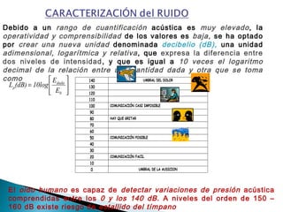 Debido a un rango de cuantificación acústica es muy elevado, la
operatividad y comprensibilidad de los valores es baja, se ha optado
por crear una nueva unidad denominada decibelio (dB), una unidad
adimensional, logarítmica y relativa, que expresa la diferencia entre
dos niveles de intensidad, y que es igual a 10 veces el logaritmo
decimal de la relación entre una cantidad dada y otra que se toma
como 140 UMBRAL DEL DOLOR
130
120
110
100 COMUNICACIÓN CASI IMPOSIBLE
90
80 HAY QUE GRITAR
70
60
50 COMUNICACIÓN POSIBLE
40
30
20 COMUNICACIÓN FACIL
10
0 UMBRAL DE LA AUDICION
El oido humano es capaz de detectar variaciones de presión acústica
comprendidas entre los 0 y los 140 dB. A niveles del orden de 150 –
160 dB existe riesgo de estallido del tímpano






=
0
dada
p
E
E
10log(dB)L
 