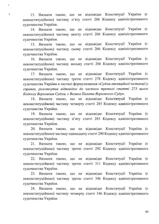 13. Визнати такою, що не відповідає Конституції України (є
неконституційною) частину п'яту статті 266 Кодексу адміністративного
судочинства України.
14. Визнати такою, що не відповідає Конституції України (є
неконституційною) частину шосту статті 266 Кодексу адміністративного
судочинства України.
15. Визнати такою, що не відповідає Конституції України (є
неконституційною) частину сьому статті 266 Кодексу адміністративного
судочинства України.
16. Визнати такою, що не відповідає Конституції України (є
неконституційною) частину восьму статт1 266 Кодексу адміністративного
судочинства України.
17. Визнати такою, що не відповідає Конституції України (є
неконституційною) частину третю статті 278 Кодексу адміністративного
судочинства України в частині формулювання «Судом апеляційної інстанціїу
справах, розглянутих відповідно до частини третьої статті 27З цього
Кодексу Верховним Судом, є Велика Палата Верховного Суду».
18. Визнати такою, що не відповідає Конституції України (є
неконституційною) частину четверту статті 285 Кодексу адміністративного
судочинства України.
19. Визнати такою, що не відповідає Конституції України (є
неконституційною) частину п'яту статті 285 Кодексу адміністративного
судочинства України.
20. Визнати такою, що не відповідає Конституції України (є
неконституційною) частину одинадцяту статті 290 Кодексу адміністративного
судочинства України.
21. Визнати такою, що не відповідає Конституції України (є
неконституційною) частину третю статті 292 Кодексу адміністративного
судочинства України.
22. Визнати такою, що не відповідає Конституції України (є
неконституційною) частину третю статті 311 Кодексу адміністративного
судочинства України.
23. Визнати такою, що не відповідає Конституції України (є
неконституційною) частину третю статті 346 Кодексу адміністративного
судочинства України.
24. Визнати такою, що не відповідає Конституції України (є
неконституційною) частину четверту статті 346 Кодексу адміністративного
судочинства України.
40
 