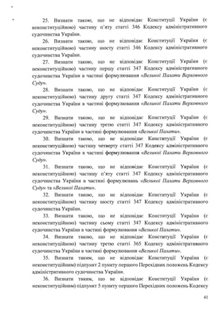 25. Визнати такою, що не відповідає Конституції України (є
неконституційною) частину п'яту . статті 346 Кодексу адміністративного
судочинства України.
26. Визнати такою, що не відповідає Конституції України (є
неконституційною) частину шосту статті 346 Кодексу адміністративного
судочинства України.
27. Визнати такою, що не відповідає Конституції України (є
неконституційною) частину першу статті 347 Кодексу адміністративного
судочинства України в частині формулювання <<Великої Палати Верховного
Суду».
28. Визнати такою, що не відповідає Конституції України (є
неконституційною) частину другу статті 347 Кодексу адміністративного
судочинства України в частині формулювання <<Великої Палати Верховного
Суду».
29. Визнати такою, що не відповідає Конституції України (є
неконституційною) частину третю статті 347 Кодексу адміністративного
судочинства України в частині формулювання <<Великої Палати».
30. Визнати такою, що не відповідає Конституції України (є
неконституційною) частину четверту статті 347 Кодексу адміністративного
судочинства України в частині формулювання <<Великої Палати Верховного
Суду».
31. Визнати такою, що не відповідає Конституції України (є
неконституційною) частину п'яту статті 347 Кодексу адміністративного
судочинства України в частині формулювань <<Великої Палати Верховного
Суду» та <<Великої Палати».
32. Визнати такою, що не відповідає Конституції України (є
неконституційною) частину шосту статті 347 Кодексу адміністративного
судочинства України.
33. Визнати такою, що не відповідає Конституції України (є
неконституційною) частину сьому статті 347 Кодексу адміністративного
судочинства України в частині формулювання <<Великої Палати».
34. Визнати такою, що не відповідає Конституції України (є
неконституційною) частину третю статті 365 Кодексу адміністративного
судочинства України в частині формулювання <<Великої Палати».
35. Визнати таким, що не відповідає Конституції України (є
неконституційним) підпункт 2 пункту першого Перехідних положень Кодексу
адміністративного судочинства України.
36. Визнати таким, що не відповідає Конституції України (є
неконституційним) підпункт 5 пункту першого Перехідних положень Кодексу
41
 