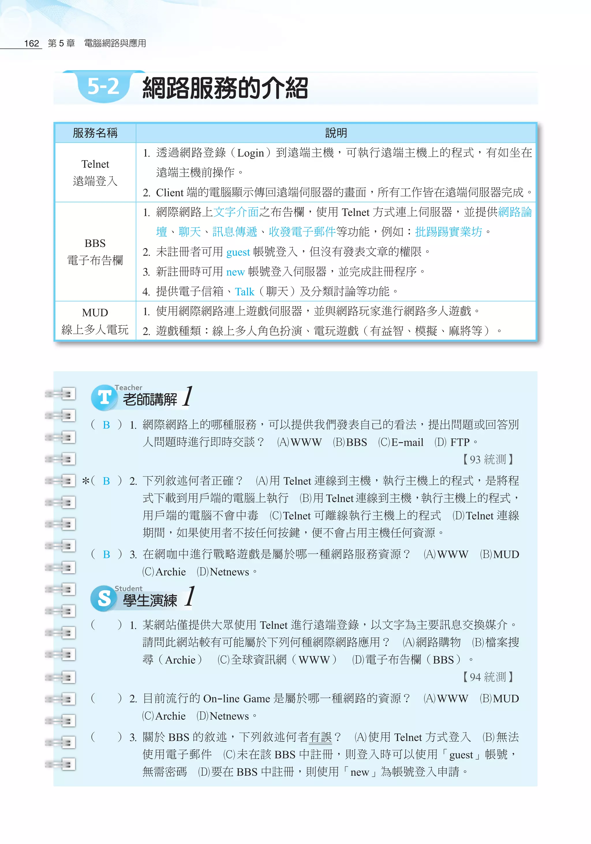 第 5 章　電腦網路與應用162
5-2 網路服務的介紹
服務名稱 說明
Telnet
遠端登入
1	透過網路登錄（Login）到遠端主機，可執行遠端主機上的程式，有如坐在
遠端主機前操作。
2	Client 端的電腦顯示傳回遠端伺服器的畫面，所有工作皆在遠端伺服器完成。
BBS
電子布告欄
1	網際網路上文字介面之布告欄，使用 Telnet 方式連上伺服器，並提供網路論
壇、聊天、訊息傳遞、收發電子郵件等功能，例如：批踢踢實業坊。
2	未註冊者可用 guest 帳號登入，但沒有發表文章的權限。
3	新註冊時可用 new 帳號登入伺服器，並完成註冊程序。
4	提供電子信箱、Talk（聊天）及分類討論等功能。
MUD
線上多人電玩
1	使用網際網路連上遊戲伺服器，並與網路玩家進行網路多人遊戲。
2	遊戲種類：線上多人角色扮演、電玩遊戲（有益智、模擬、麻將等）。
（ B ）1	網際網路上的哪種服務，可以提供我們發表自己的看法，提出問題或回答別
人問題時進行即時交談？　酎WWW　酏BBS　釕E-mail　釢 FTP。
【93 統測】
（ B ）2	下列敘述何者正確？　酎用 Telnet 連線到主機，執行主機上的程式，是將程
式下載到用戶端的電腦上執行　酏用 Telnet 連線到主機，執行主機上的程式，
用戶端的電腦不會中毒　釕Telnet 可離線執行主機上的程式　釢Telnet 連線
期間，如果使用者不按任何按鍵，便不會占用主機任何資源。
（ B ）3	在網咖中進行戰略遊戲是屬於哪一種網路服務資源？　酎WWW　酏MUD
釕Archie　釢Netnews。
1
（ ）1	某網站僅提供大眾使用 Telnet 進行遠端登錄，以文字為主要訊息交換媒介。
請問此網站較有可能屬於下列何種網際網路應用？　酎網路購物　酏檔案搜
尋（Archie）　釕全球資訊網（WWW）　釢電子布告欄（BBS）。
【94 統測】
（ ）2	目前流行的 On-line Game 是屬於哪一種網路的資源？　酎WWW　酏MUD
釕Archie　釢Netnews。
（ ）3	關於 BBS 的敘述，下列敘述何者有誤？　酎 使用 Telnet 方式登入　酏 無法
使用電子郵件　釕 未在該 BBS 中註冊，則登入時可以使用「guest」帳號，
無需密碼　釢要在 BBS 中註冊，則使用「new」為帳號登入申請。
1
 