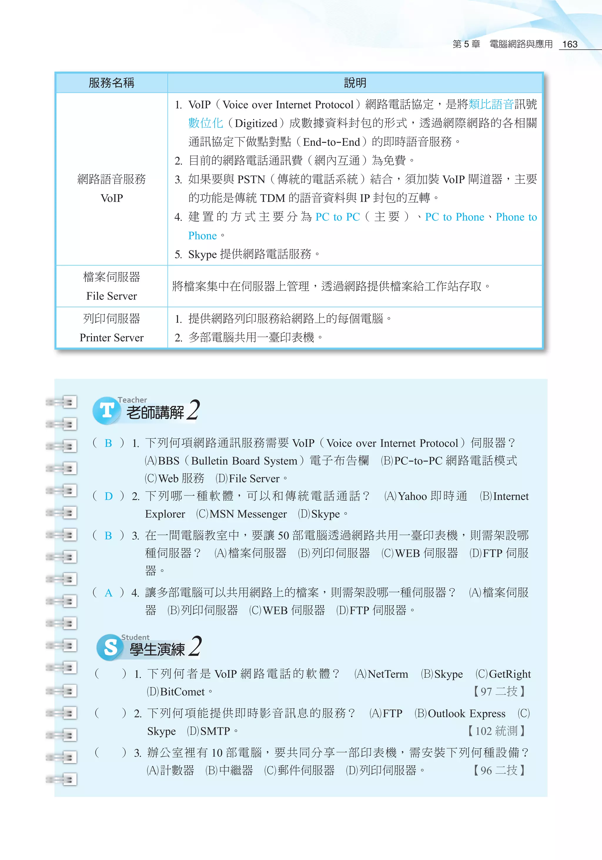 第 5 章　電腦網路與應用 163
服務名稱 說明
網路語音服務
VoIP
1	VoIP（Voice over Internet Protocol）網路電話協定，是將類比語音訊號
數位化（Digitized）成數據資料封包的形式，透過網際網路的各相關
通訊協定下做點對點（End-to-End）的即時語音服務。
2	目前的網路電話通訊費（網內互通）為免費。
3	如果要與 PSTN（傳統的電話系統）結合，須加裝 VoIP 閘道器，主要
的功能是傳統 TDM 的語音資料與 IP 封包的互轉。
4	建 置 的 方 式 主 要 分 為 PC to PC（ 主 要 ）、PC to Phone、Phone to
Phone。
5	Skype 提供網路電話服務。
檔案伺服器
File Server
將檔案集中在伺服器上管理，透過網路提供檔案給工作站存取。
列印伺服器
Printer Server
1	提供網路列印服務給網路上的每個電腦。
2	多部電腦共用一臺印表機。
（ B ）1	下列何項網路通訊服務需要 VoIP（Voice over Internet Protocol）伺服器？　
酎BBS（Bulletin Board System）電子布告欄　酏PC-to-PC 網路電話模式　
釕Web 服務　釢File Server。
（ D ）2	下列哪一種軟體，可以和傳統電話通話？　酎Yahoo 即時通　酏Internet
Explorer　釕MSN Messenger　釢Skype。
（ B ）3	在一間電腦教室中，要讓 50 部電腦透過網路共用一臺印表機，則需架設哪
種伺服器？　酎 檔案伺服器　酏 列印伺服器　釕WEB 伺服器　釢FTP 伺服
器。
（ A ）4	讓多部電腦可以共用網路上的檔案，則需架設哪一種伺服器？　酎檔案伺服
器　酏列印伺服器　釕WEB 伺服器　釢FTP 伺服器。
2
2
（ ）1	下列何者是 VoIP 網路電話的軟體？　酎NetTerm　酏Skype　釕GetRight
釢BitComet。 【97 二技】
（ ）2	下列何項能提供即時影音訊息的服務？　酎FTP　酏Outlook Express　釕
Skype　釢SMTP。 【102 統測】
（ ）3	辦公室裡有 10 部電腦，要共同分享一部印表機，需安裝下列何種設備？
酎計數器　酏中繼器　釕郵件伺服器　釢列印伺服器。 【96 二技】
 