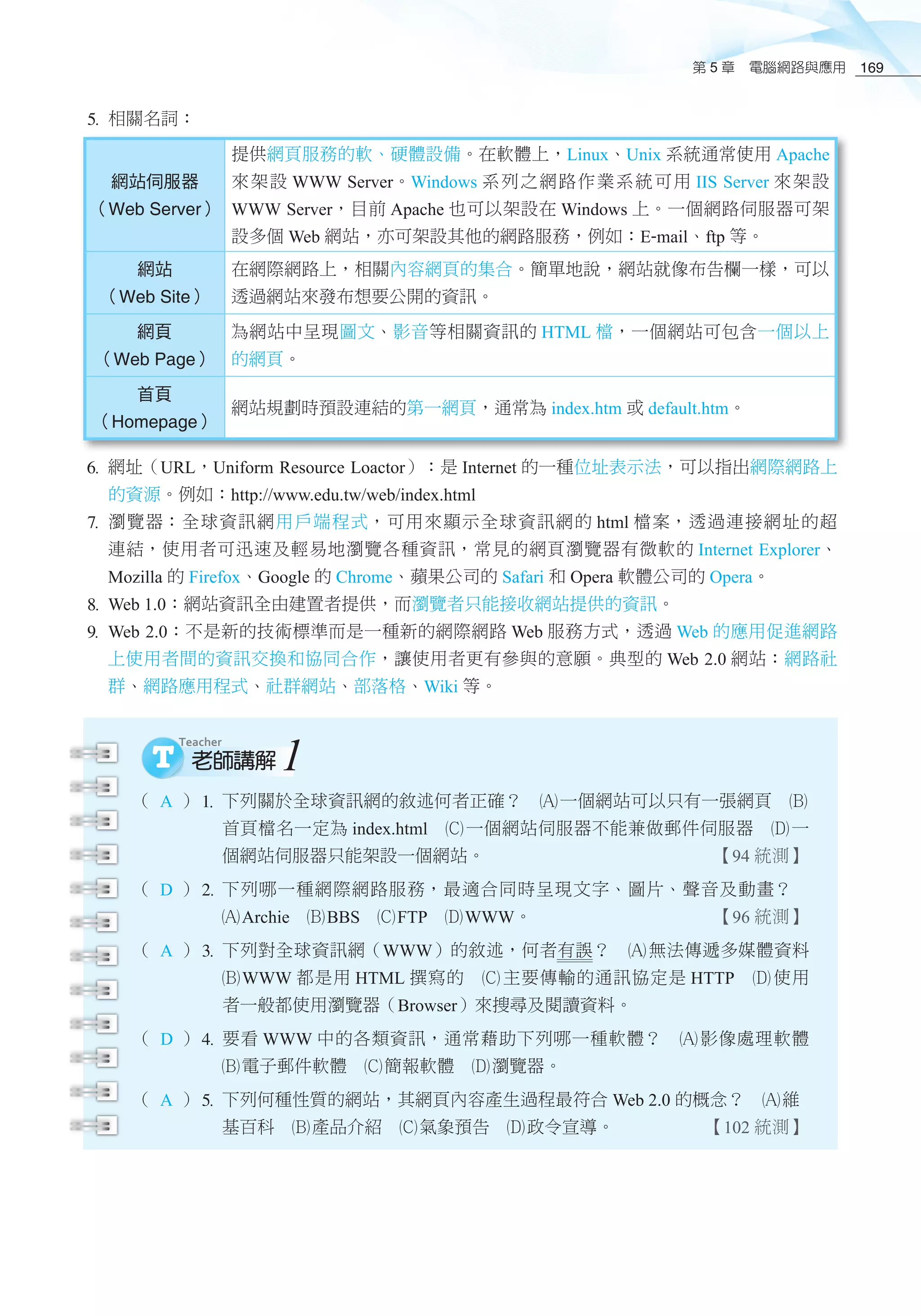 第 5 章　電腦網路與應用 169
5 相關名詞：
網站伺服器
（Web Server）
提供網頁服務的軟、硬體設備。在軟體上，Linux、Unix 系統通常使用 Apache
來架設 WWW Server。Windows 系列之網路作業系統可用 IIS Server 來架設
WWW Server，目前 Apache 也可以架設在 Windows 上。一個網路伺服器可架
設多個 Web 網站，亦可架設其他的網路服務，例如：E-mail、ftp 等。
網站
（Web Site）
在網際網路上，相關內容網頁的集合。簡單地說，網站就像布告欄一樣，可以
透過網站來發布想要公開的資訊。
網頁
（Web Page）
為網站中呈現圖文、影音等相關資訊的 HTML 檔，一個網站可包含一個以上
的網頁。
首頁
（Homepage）
網站規劃時預設連結的第一網頁，通常為 index.htm 或 default.htm。
6 網址（URL，Uniform Resource Loactor）：是 Internet 的一種位址表示法，可以指出網際網路上
的資源。例如：http://www.edu.tw/web/index.html
7 瀏覽器：全球資訊網用戶端程式，可用來顯示全球資訊網的 html 檔案，透過連接網址的超
連結，使用者可迅速及輕易地瀏覽各種資訊，常見的網頁瀏覽器有微軟的 Internet Explorer、
Mozilla 的 Firefox、Google 的 Chrome、蘋果公司的 Safari 和 Opera 軟體公司的 Opera。
8 Web 1.0：網站資訊全由建置者提供，而瀏覽者只能接收網站提供的資訊。
9 Web 2.0：不是新的技術標準而是一種新的網際網路 Web 服務方式，透過 Web 的應用促進網路
上使用者間的資訊交換和協同合作，讓使用者更有參與的意願。典型的 Web 2.0 網站：網路社
群、網路應用程式、社群網站、部落格、Wiki 等。
（ A ）1	下列關於全球資訊網的敘述何者正確？　酎一個網站可以只有一張網頁　酏
首頁檔名一定為 index.html　釕 一個網站伺服器不能兼做郵件伺服器　釢 一
個網站伺服器只能架設一個網站。 【94 統測】
（ D ）2	下列哪一種網際網路服務，最適合同時呈現文字、圖片、聲音及動畫？　
酎Archie　酏BBS　釕FTP　釢WWW。 【96 統測】
（ A ）3	下列對全球資訊網（WWW）的敘述，何者有誤？　酎無法傳遞多媒體資料
酏WWW 都是用 HTML 撰寫的　釕 主要傳輸的通訊協定是 HTTP　釢 使用
者一般都使用瀏覽器（Browser）來搜尋及閱讀資料。
（ D ）4	要看 WWW 中的各類資訊，通常藉助下列哪一種軟體？　酎 影像處理軟體
酏電子郵件軟體　釕簡報軟體　釢瀏覽器。
（ A ）5	下列何種性質的網站，其網頁內容產生過程最符合 Web 2.0 的概念？　酎維
基百科　酏產品介紹　釕氣象預告　釢政令宣導。 【102 統測】
1
 